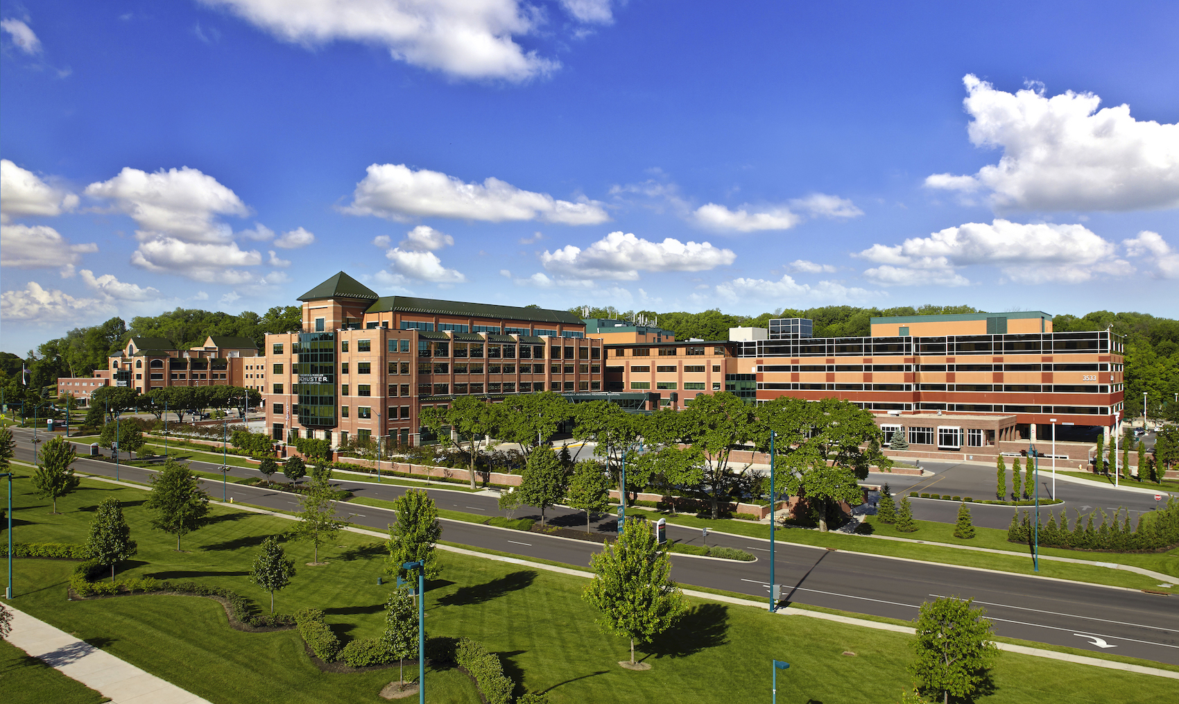 Kettering Health main campus, tall buildings and trees